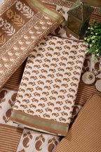 Cream & Brown Cotton Dabu Block Print Unstitched Suit Material