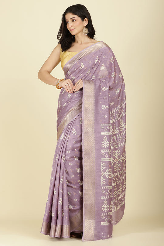 Lavender Cotton Silk Printed And Zari Woven Saree