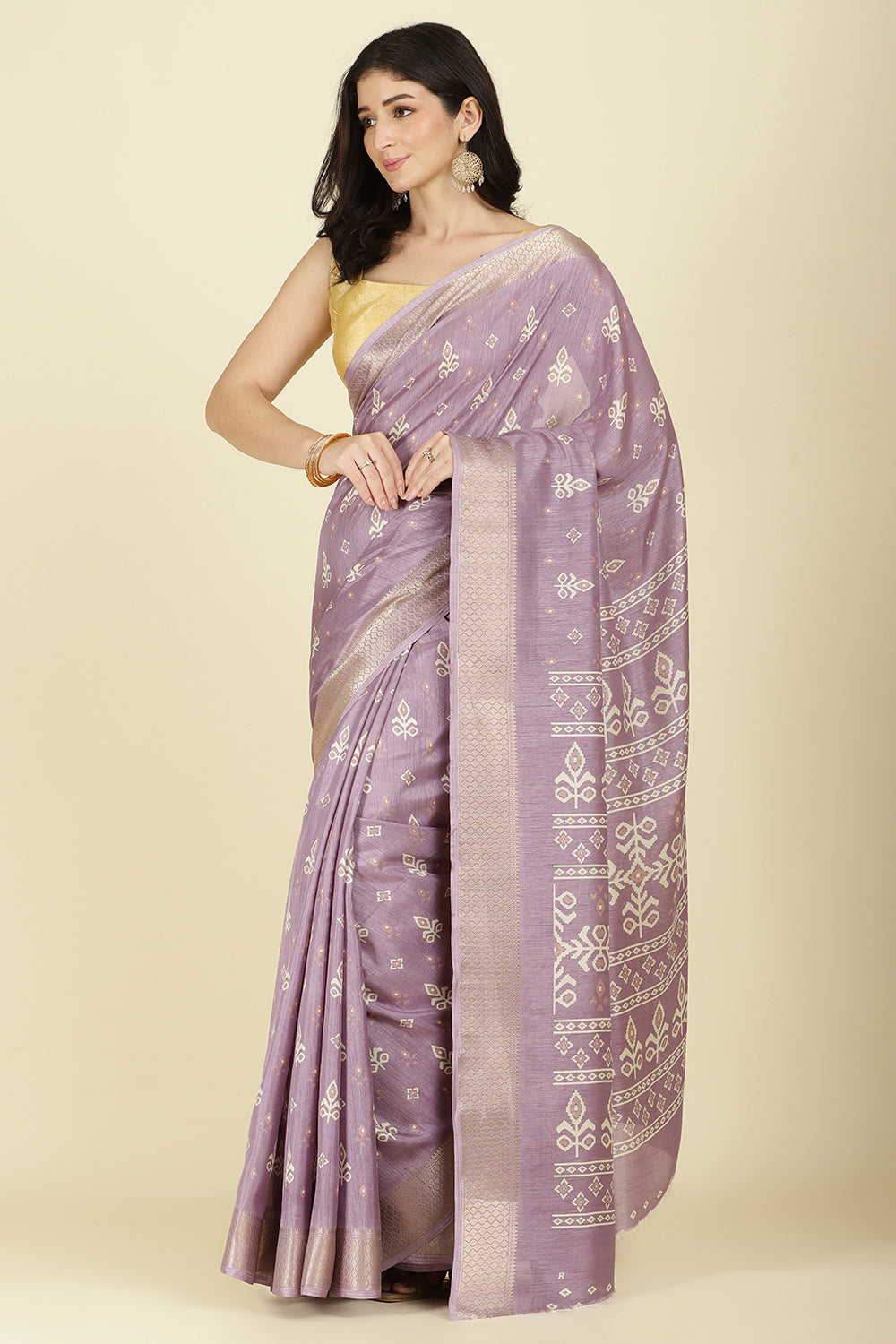 Lavender Cotton Silk Printed And Zari Woven Saree