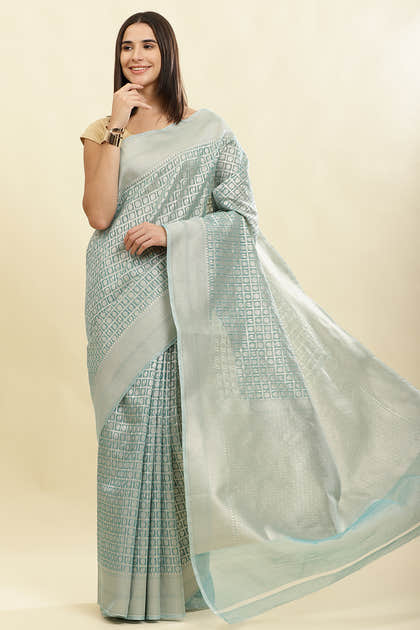 Turquoise Chanderi Silk Zari Weaving Saree