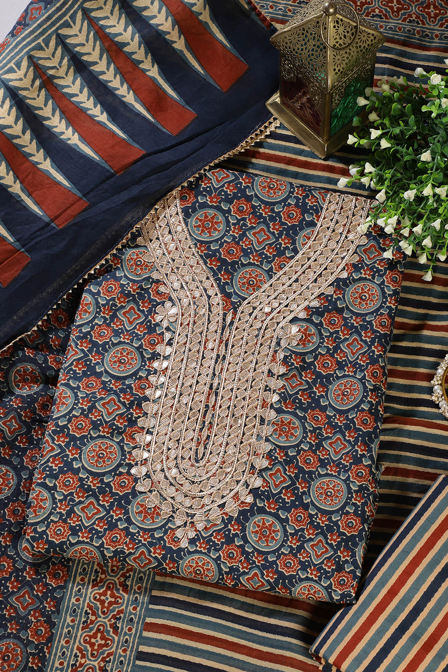 Navy Cotton Printed & Neck Embroidered Unstitched Suit Material