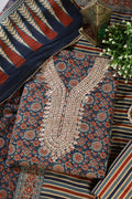 Navy Cotton Printed & Neck Embroidered Unstitched Suit Material