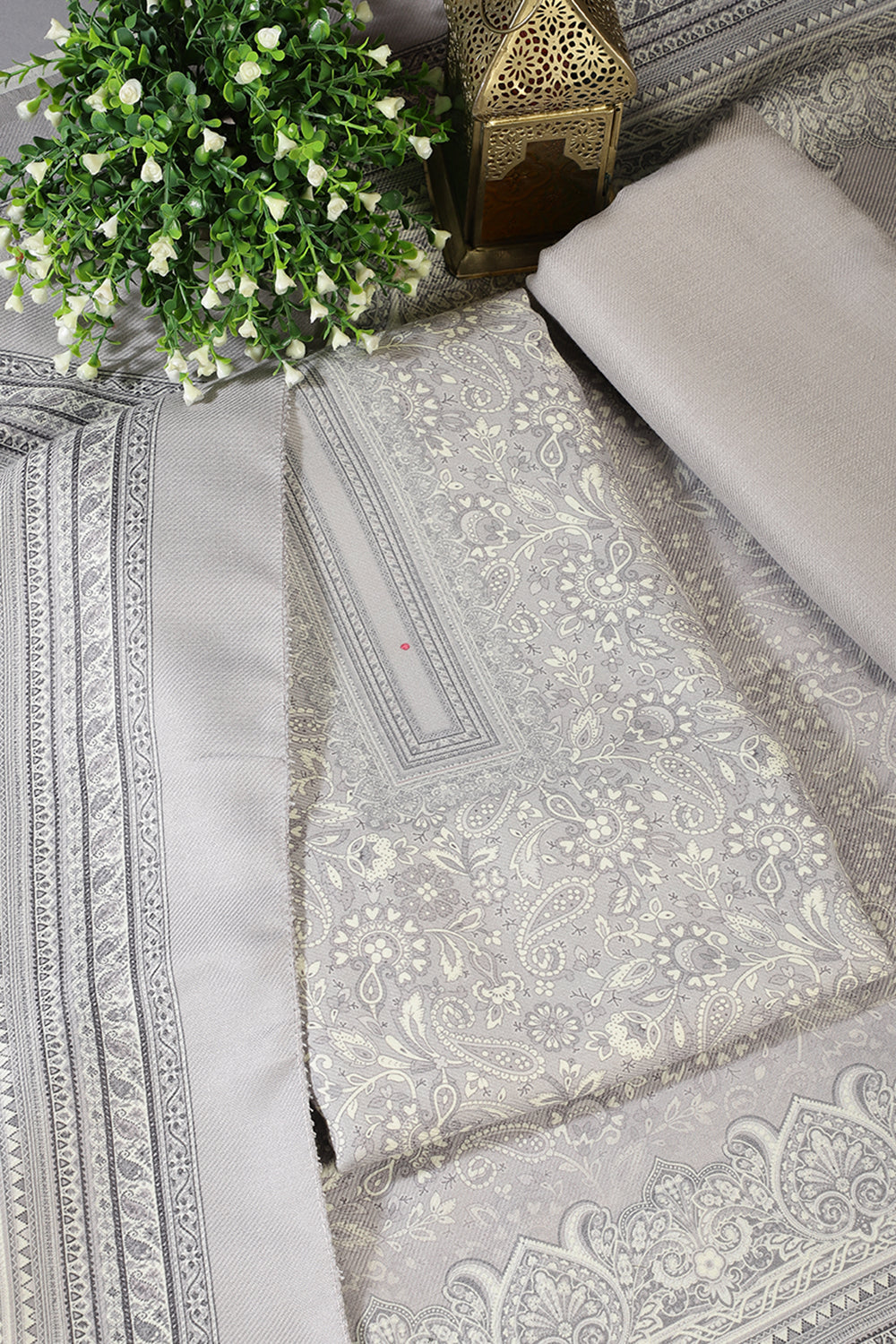 Light Grey Digital Printed Pashmina Unstitched Suit Material