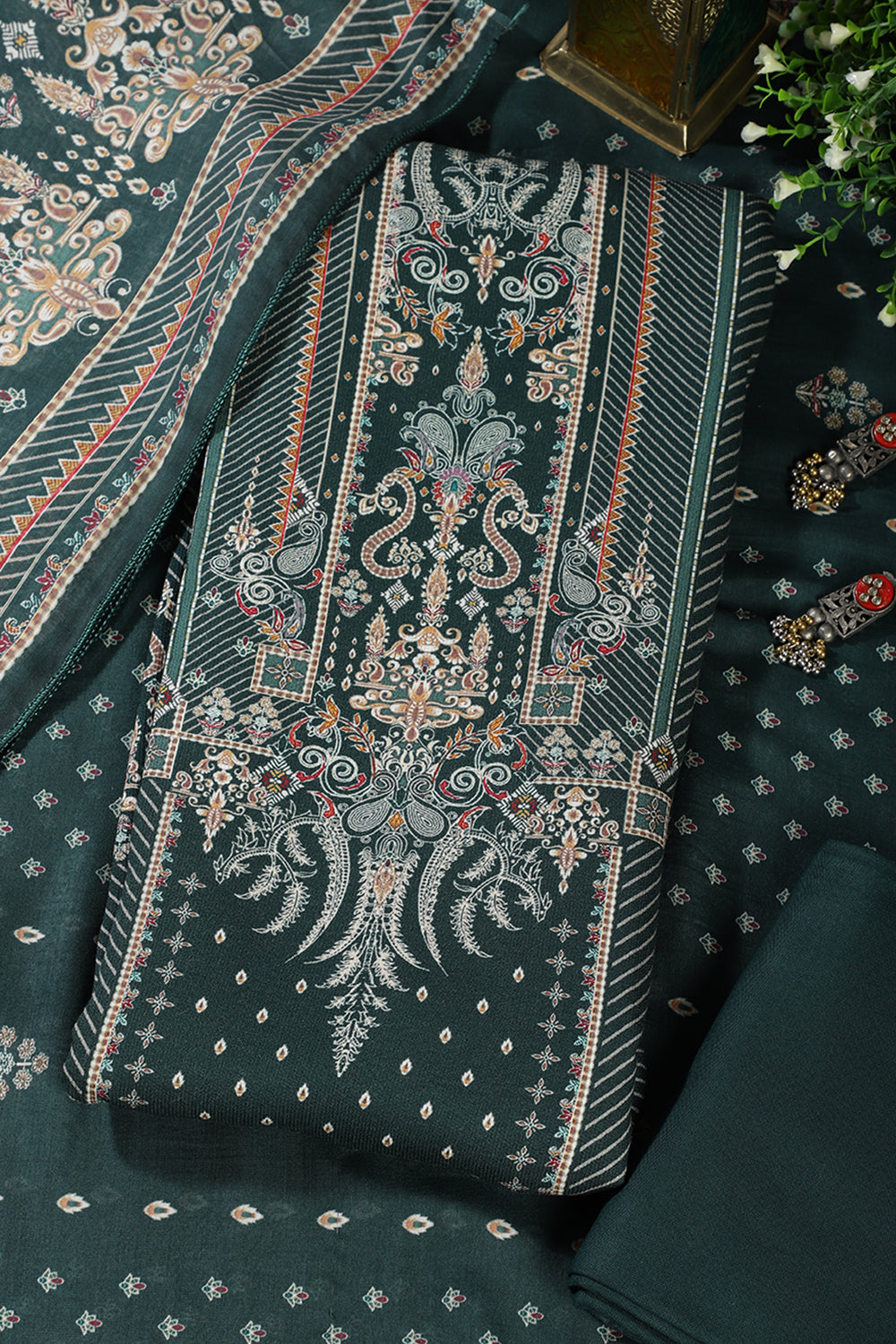 Bottle Green Mughal-Inspired Paisley Printed Spun  Unstitched Suits Fabric