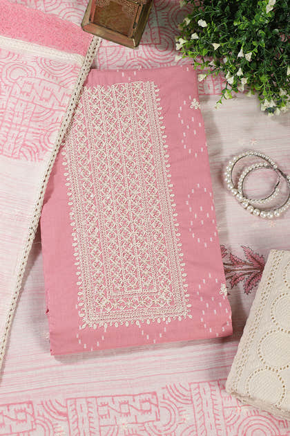 Pink Colour Cotton Printed & Resham Neck Embroidered Unstitched Suit