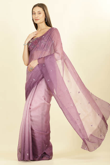 Ombre Mauve Organza Saree With Mirror Work