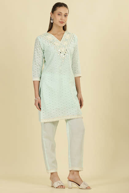 Mint Blue  Cotton Hacoba Style Neck-Embroidered Kurta Set