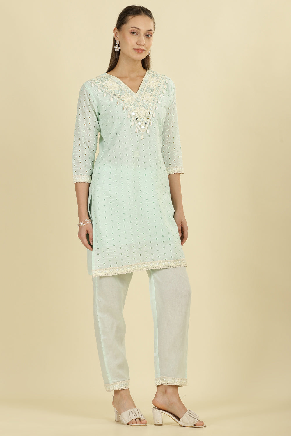 Mint Blue  Cotton Hacoba Style Neck-Embroidered Kurta Set