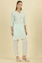Mint Blue  Cotton Hacoba Style Neck-Embroidered Kurta Set