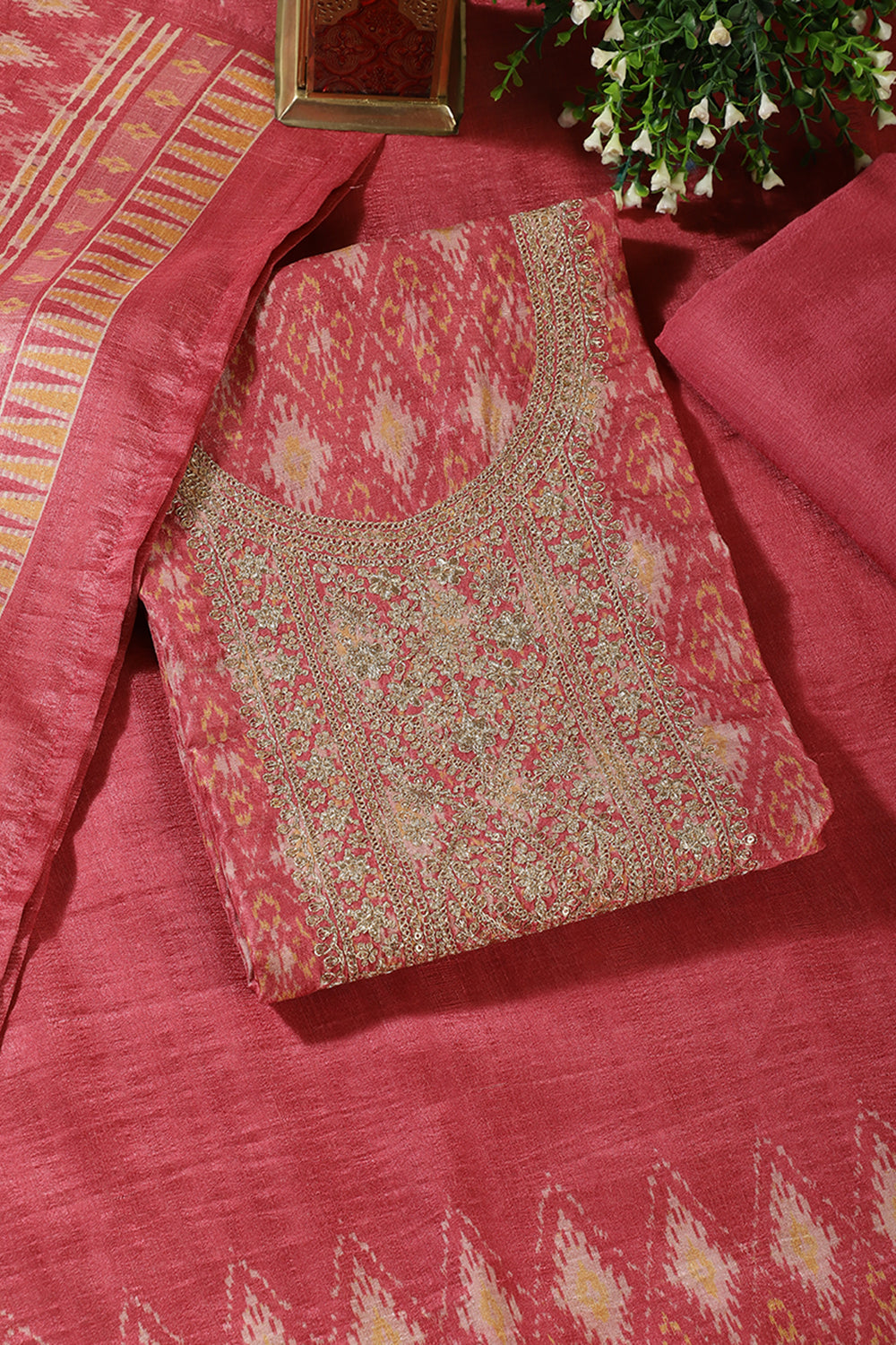 Dusty Pink Chanderi Silk Neck Embroidered Unstitched Suit Material