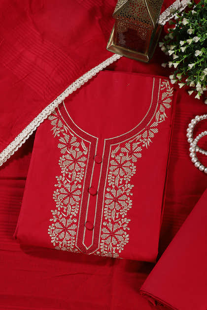 Cardinal Red Cotton Resham Embroidered Unstitched Suit