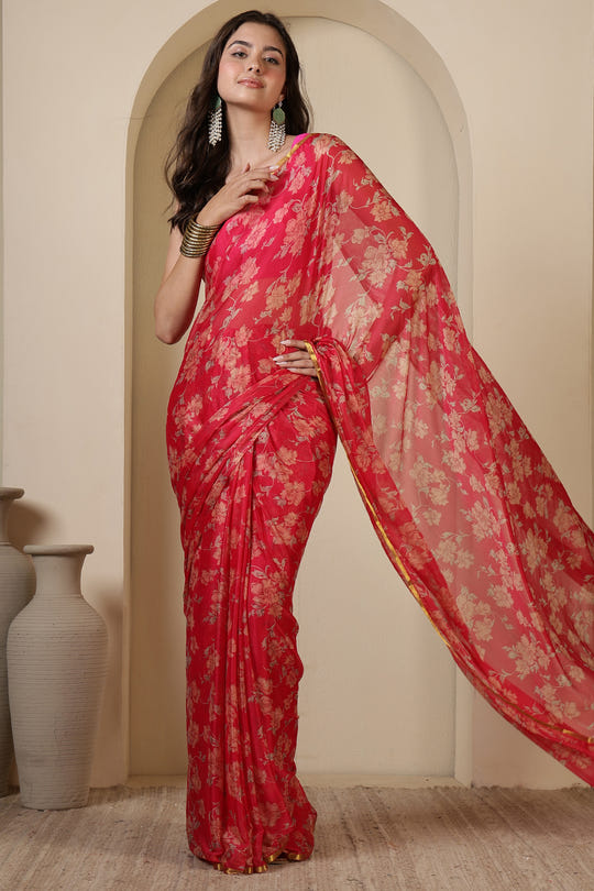 Cardinal Red Chiffon Floral Zari Border & Floral Printed Saree