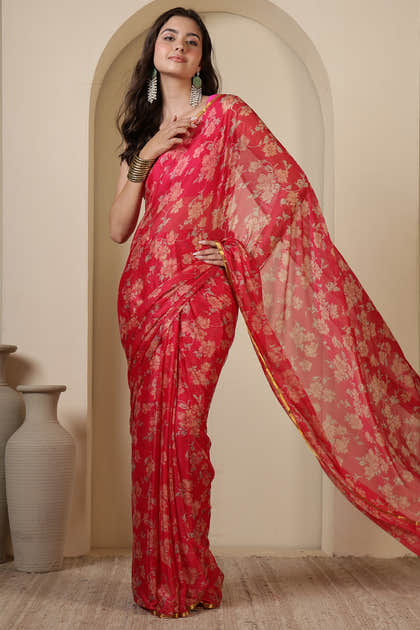 Cardinal Red Chiffon Floral Zari Border & Floral Printed Saree