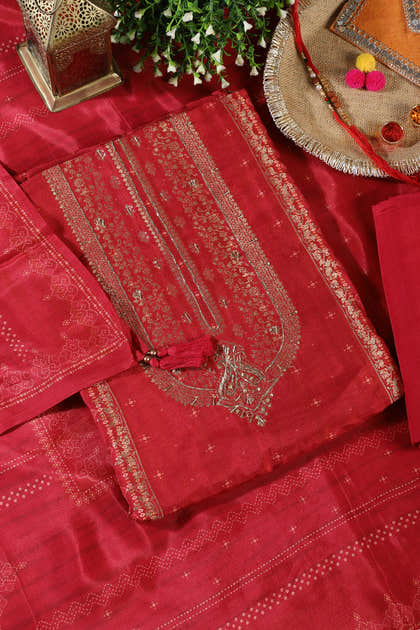 Red Silk Zari Woven And Bandhani Printed Unstitched Suit Fabric