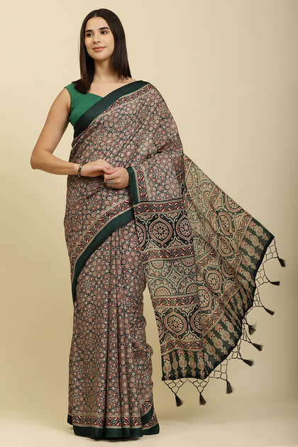 Bottle Green Cotton Silk Ajrakh Block Printed Saree