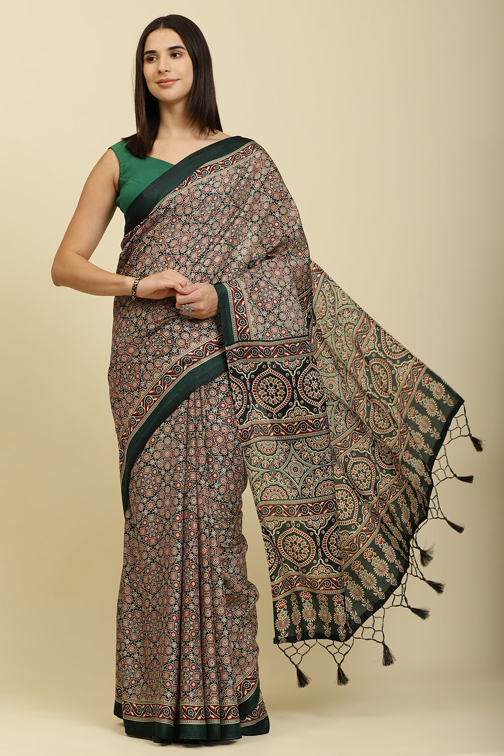 Bottle Green Cotton Silk Ajrakh Block Printed Saree