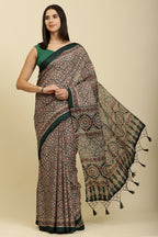 Bottle Green Cotton Silk Ajrakh Block Printed Saree