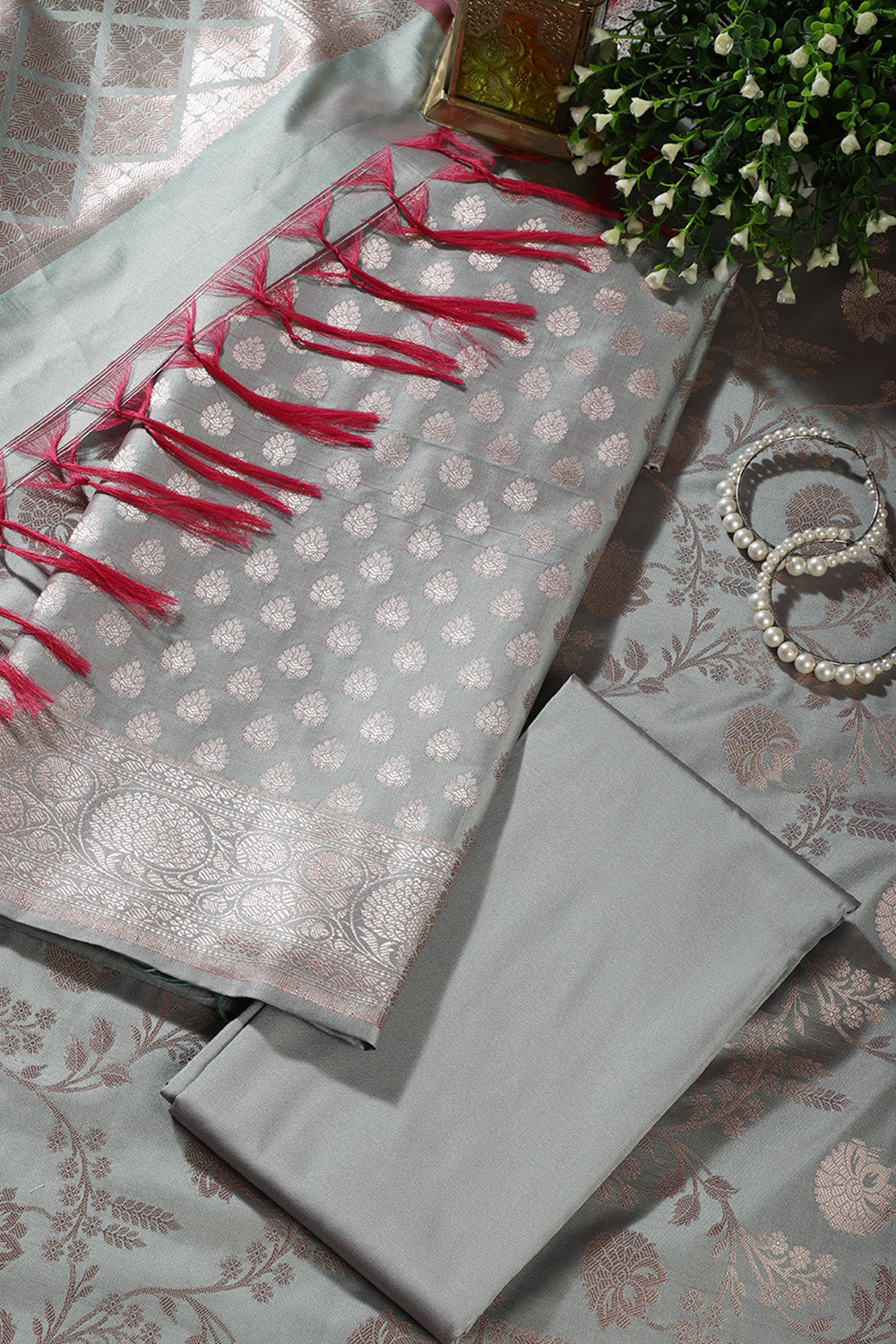 Sea Green Silk Buta Motifs Woven Unstitched Suit Fabric