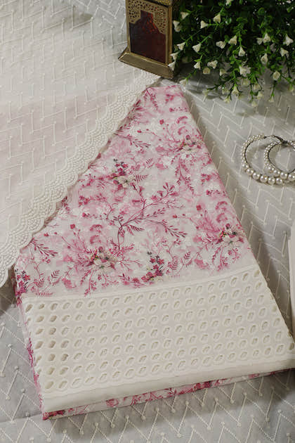 Cream & Pink Cotton Chikankari Work Floral Printed Unstitched Suit