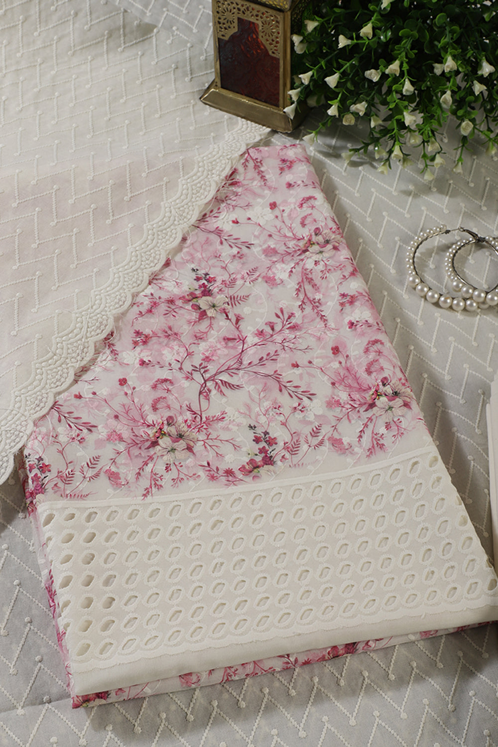 Cream & Pink Cotton Chikankari Work Floral Printed Unstitched Suit