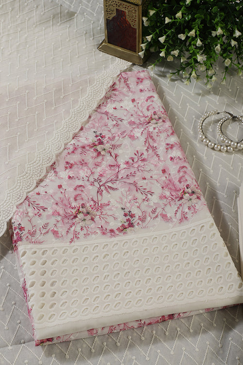 Cream & Pink Cotton Chikankari Work Floral Printed Unstitched Suit