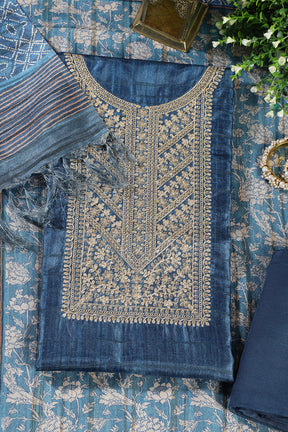 Blue Tussar Silk Neck Zari Embroidered Unstitched Suit