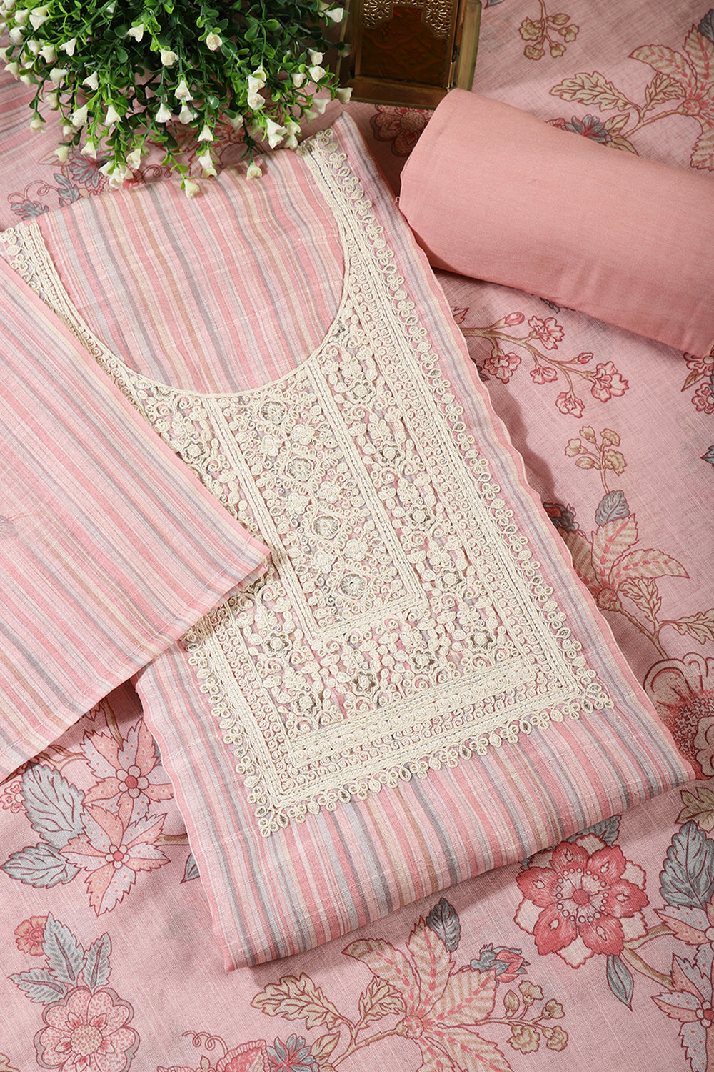 Pink Color Linen Cotton Embroidery Unstitched Suit Material
