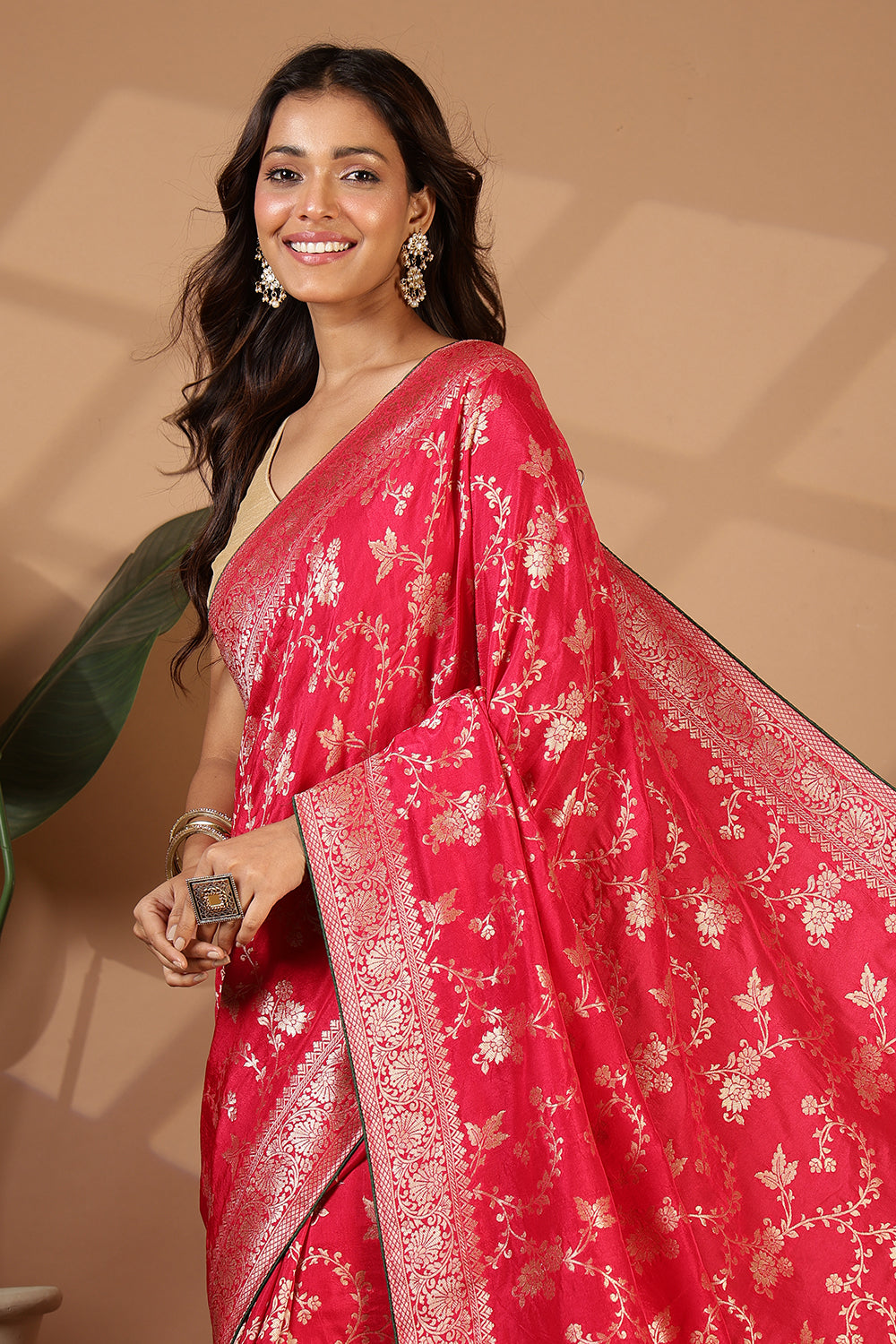 Cardinal Red Banarasi Silk Zari Floral Zaal Woven Saree