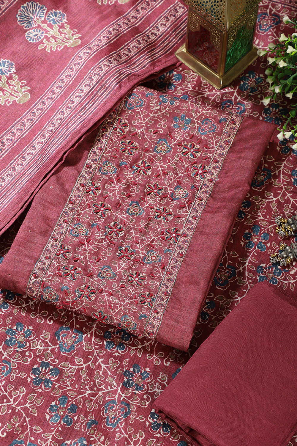 Light Maroon Chanderi Silk Mirror & Resham worked Unstitched Suit