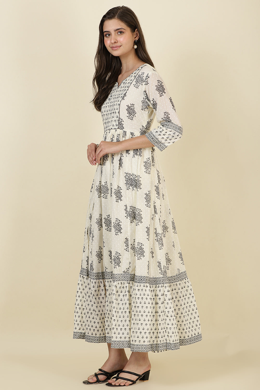 Cream & Grey Cotton Printed (Peonies) Anarkali Kurti