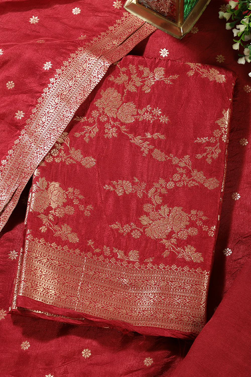 Maroon Banarsi Floral Woven Silk Unstitched Suit Fabric