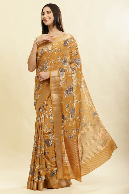 Mustard Cotton Silk Floral Printed & Zari Border Saree