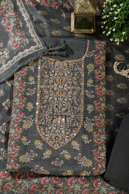 Grey Muslin Printed Unstitched Suit Fabric