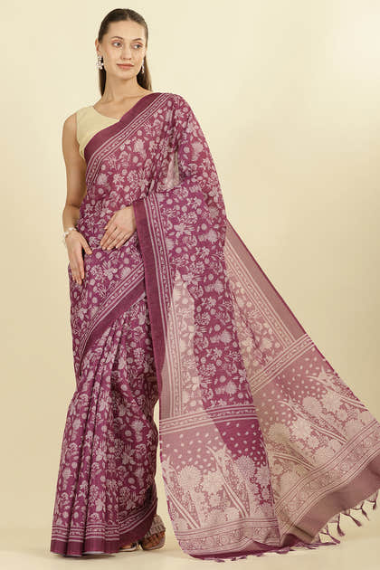 Purple Kota Cotton Floral Jaal Printed Saree
