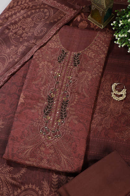 Brown Spun Floral Printed Unstitched Suit Fabric