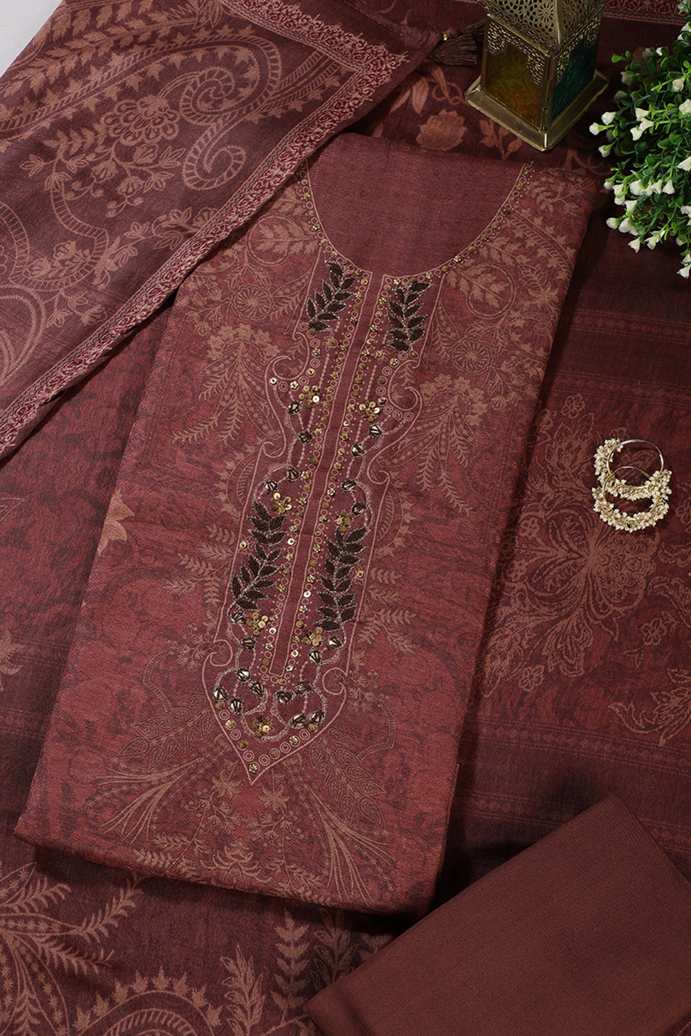 Brown Spun Floral Printed Unstitched Suit Fabric