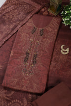 Brown Spun Floral Printed Unstitched Suit Fabric