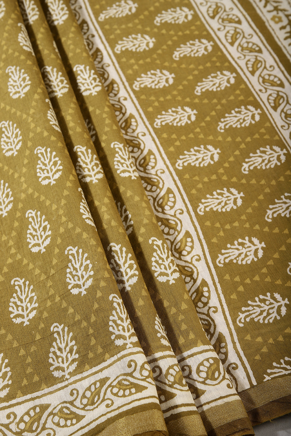 Olive Green Color Cotton Hand-Block Style Printed Saree