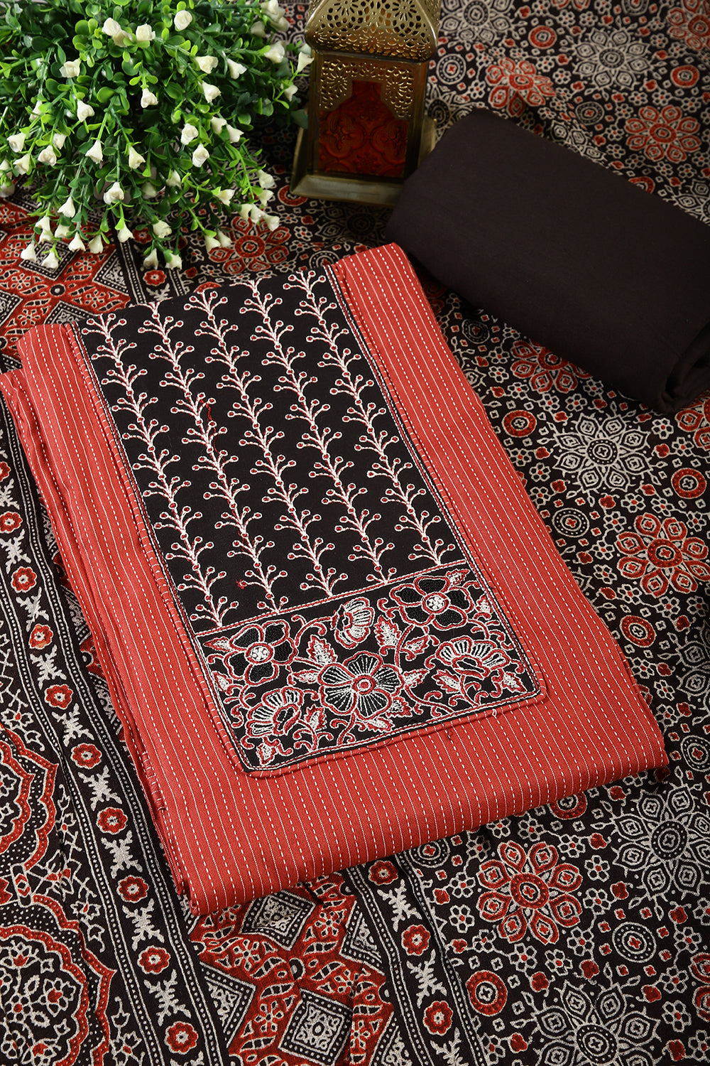 Rust & Black Color Twill Cotton Printed Unstitched Suit Material