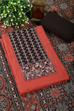 Rust & Black Color Twill Cotton Printed Unstitched Suit Material