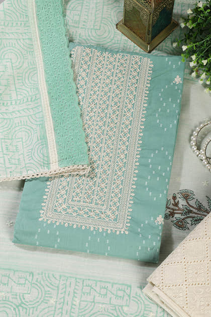 Sea Green Colour Cotton Printed & Resham Neck Embroidered Unstitched Suit