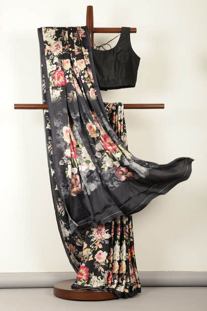 Black Floral Printed Crepe Silk Saree