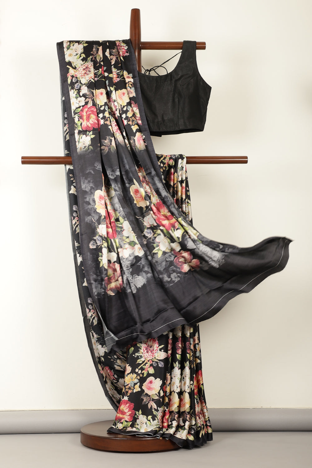 Black Floral Printed Crepe Silk Saree