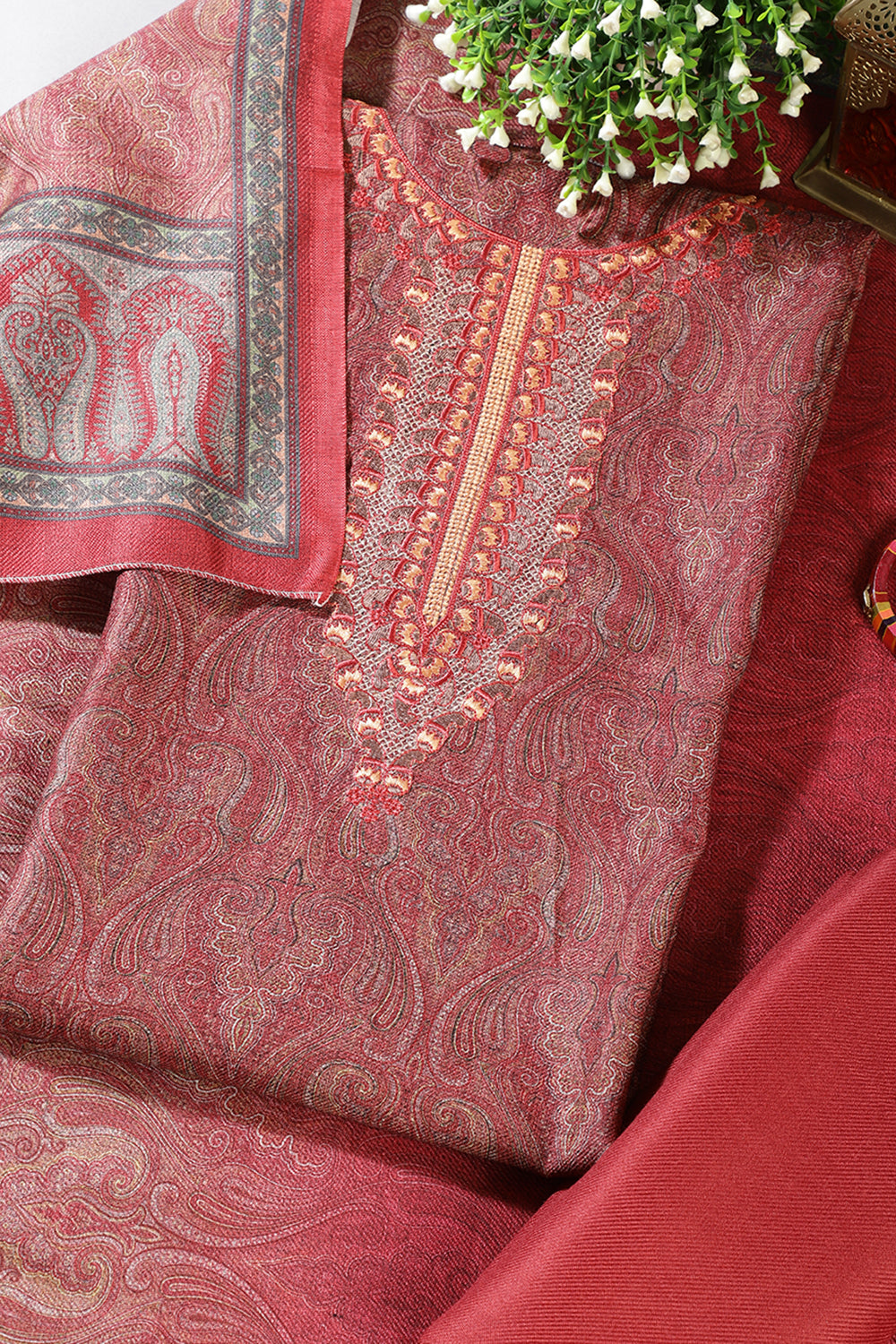 Maroon Pashmina Printed And Neck Embroidered Unstitched Suit Material