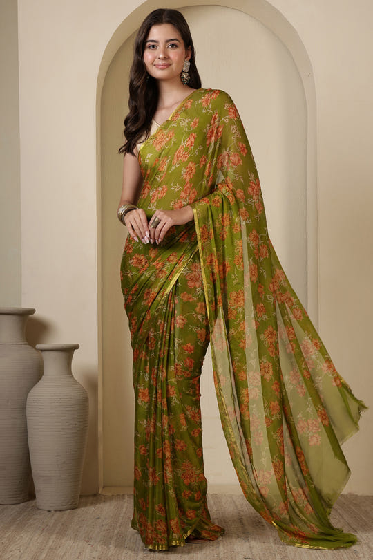 Olive Green  Chiffon Floral Zari Border & Floral Printed Saree