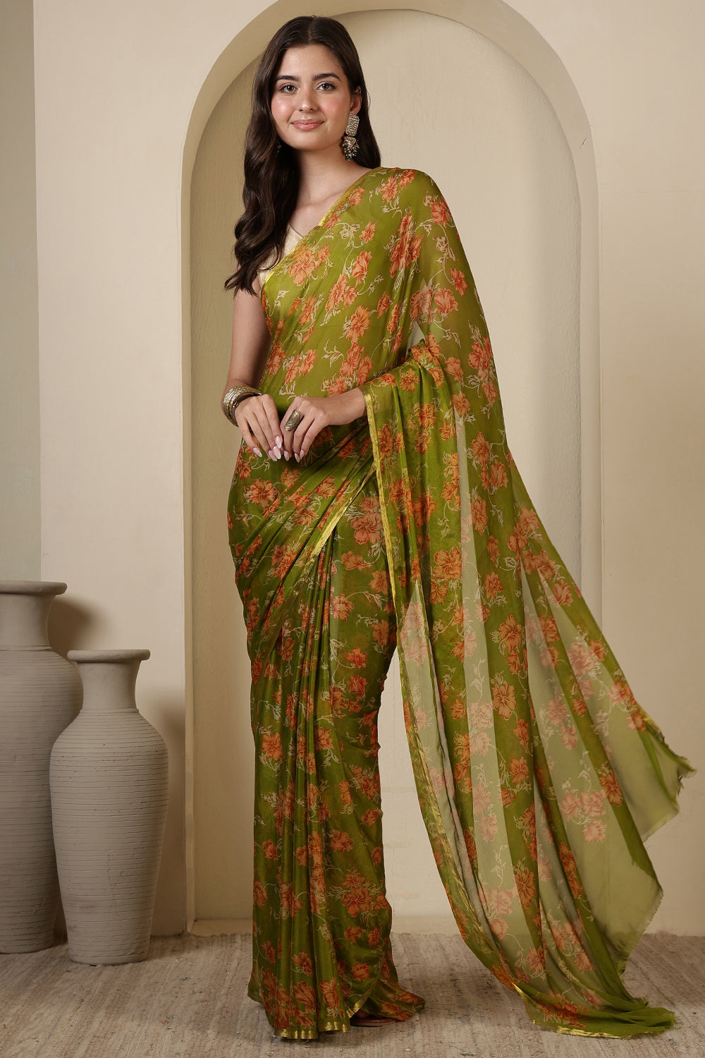 Olive Green  Chiffon Floral Zari Border & Floral Printed Saree