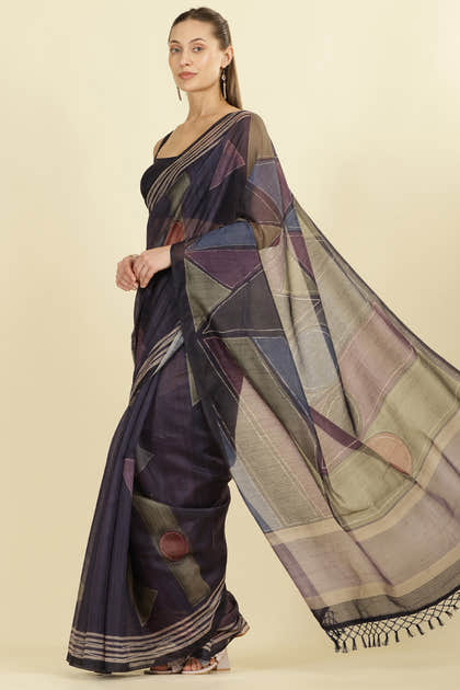 Navy Organza Cotton Printed Saree