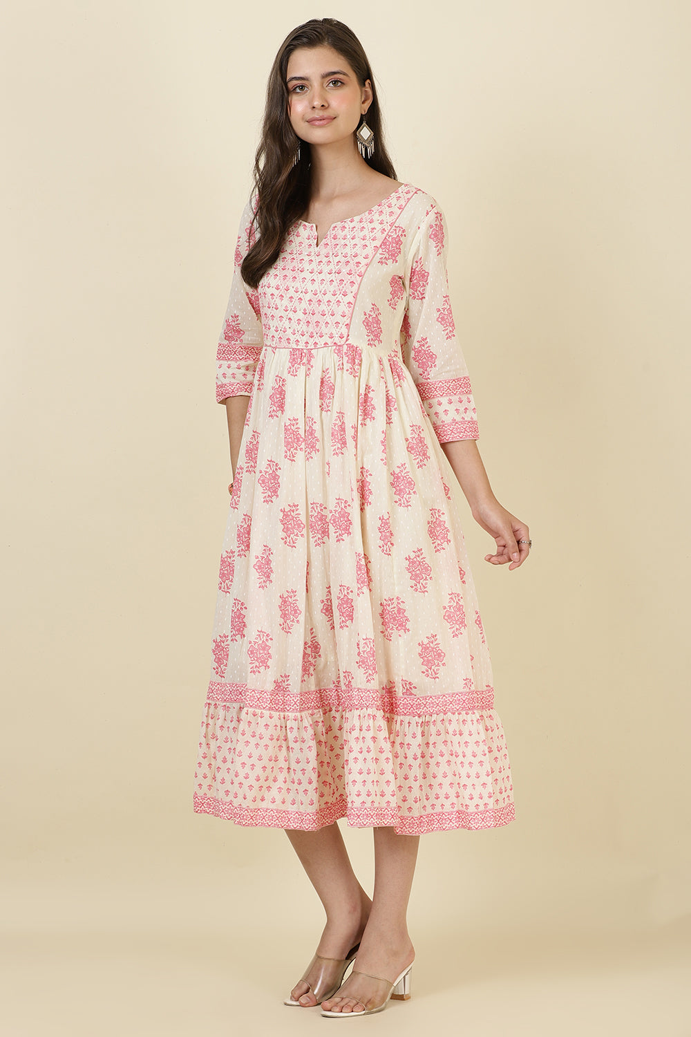 Cream & Pink Cotton Printed (Peonies) Anarkali Kurti