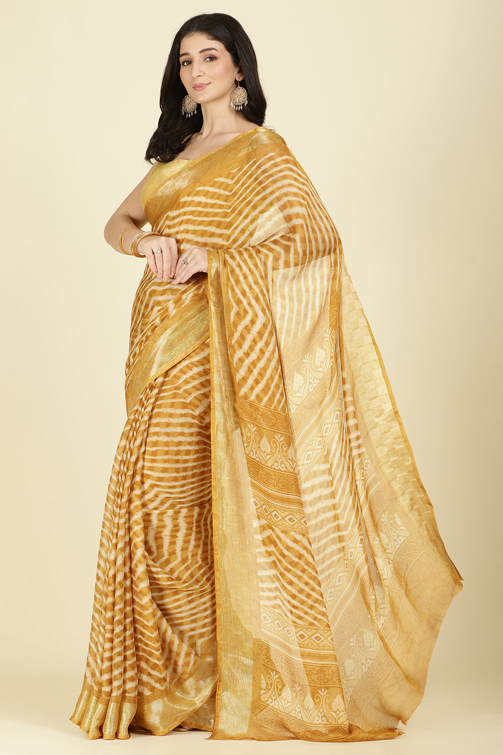 Mustard Color Chiffon Leheriya Printed Saree