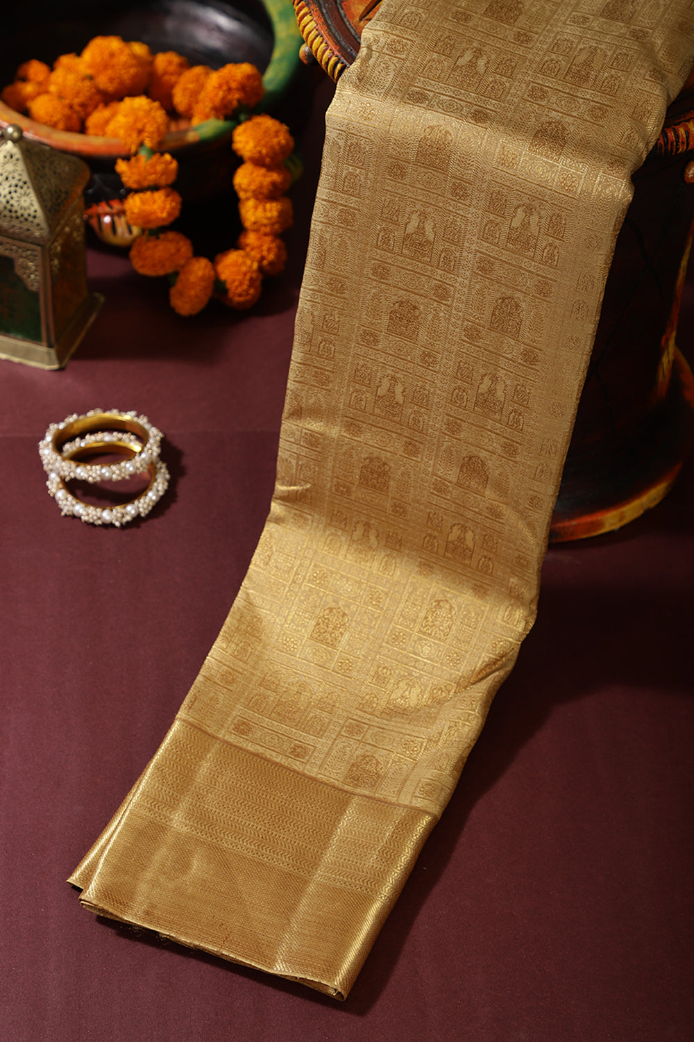Tussar Color Kanjivaram Pure Silk Handloom Zari Saree with Temple Motifs